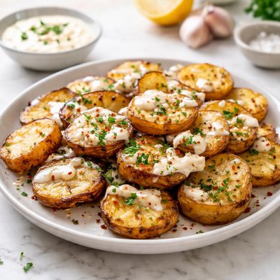 Potato slices with sauce