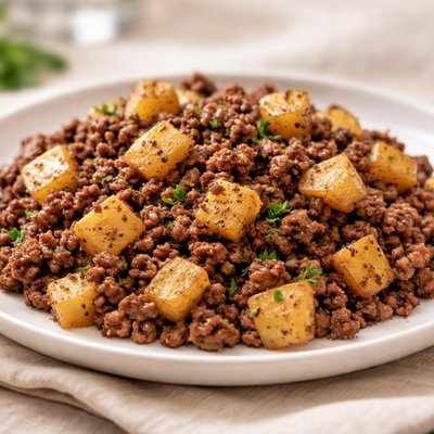 Potatoes cubes and ground beef