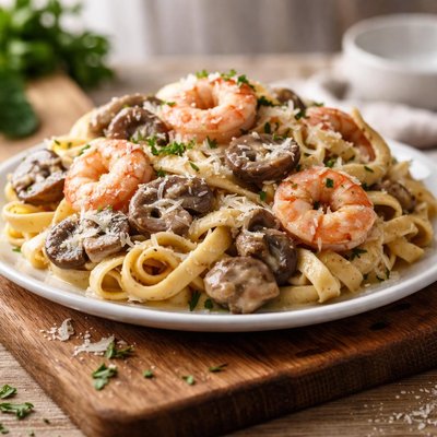 虾仁和蘑菇奶油意面
