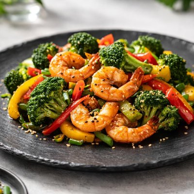 Prawn stir fry with broccoli and pepper