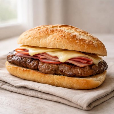 带奶酪和火腿的猪里脊肉三明治