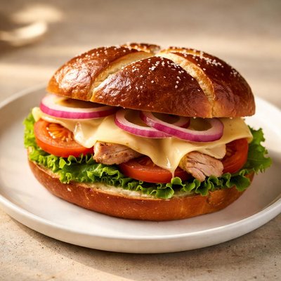 Pretzel sandwich with chicken and swiss cheese