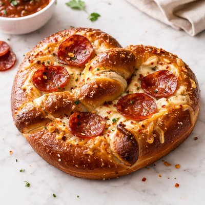 Pretzel with cheese and pepperoni