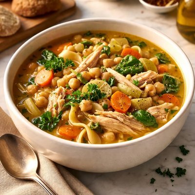 Progressive chickpea and chicken noodle soup
