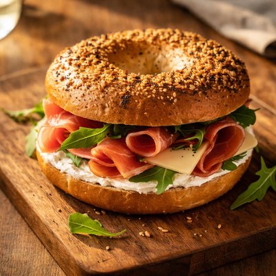 Prosciutto and cheese bagel