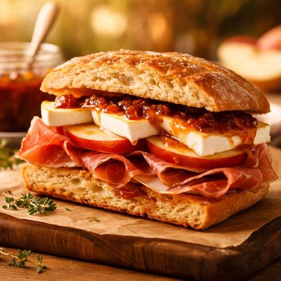 Prosciutto apple brie fig jam sandwich