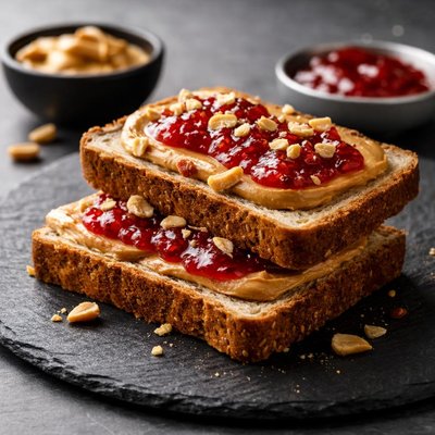 含花生醬和果醬的蛋白麵包