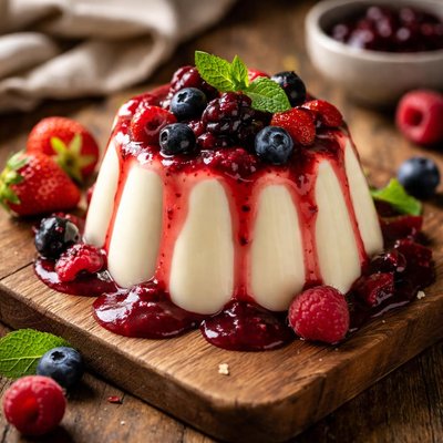 Pudding with fruit sauce