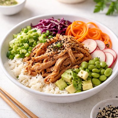 Tigela de poke de frango desfiado
