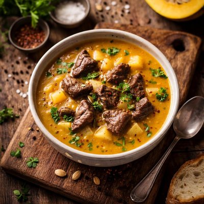 Pumkin soup with beef