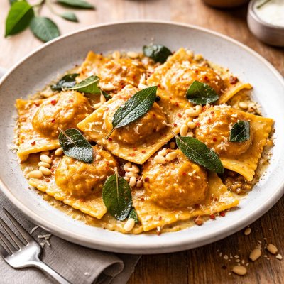 Pumpkin ravioli with burnt butter sauce