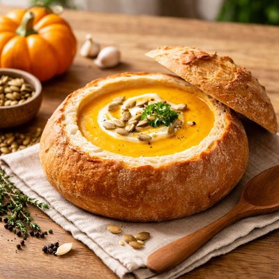 Pumpkin soup in bread bowl