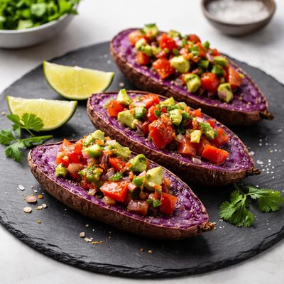 Purple sweet potatoes with tomato salsa