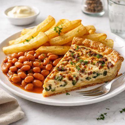Quiche and chips with beans
