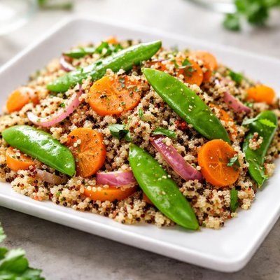 Quinoa onion carrots and snap peas mix