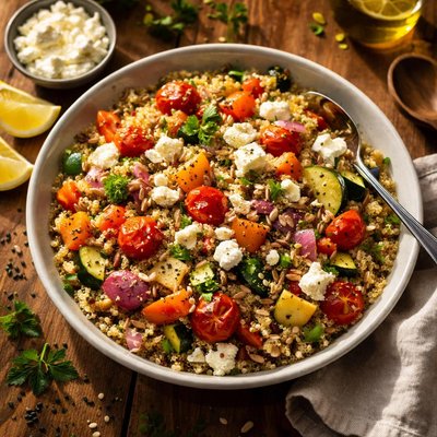 Quinoa salad with roasted vegetables and feta cheese