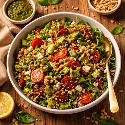 Quinoa sundried tomato and pesto salad