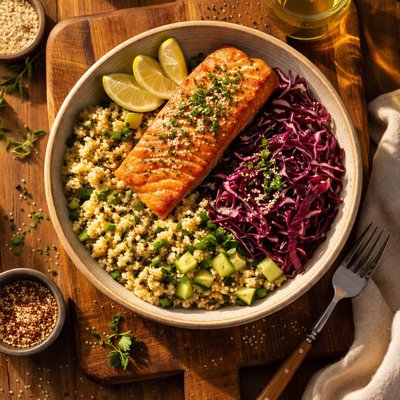 Quinoa with salmon and red cabbage