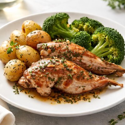 Rabbit with potatoes and broccoli