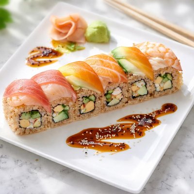 Rainbow roll with brown rice