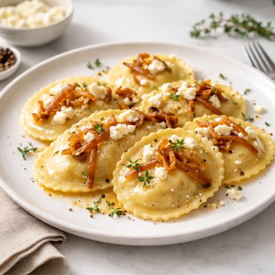 Rana queso de cabra y cebolla caramelizada