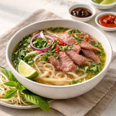 Rare beef pho soup