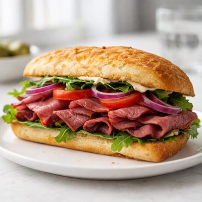 Rare roast beef sandwich