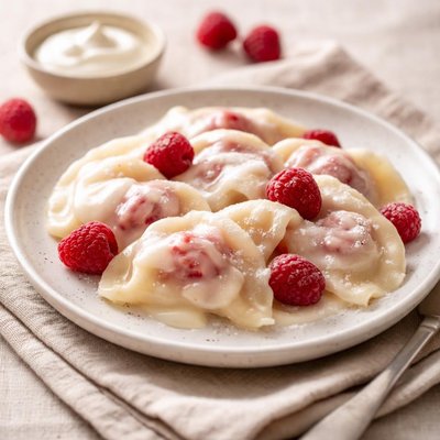 Raspberry boiled pierogi with sweet cream
