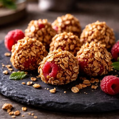 Raspberry covered in granola