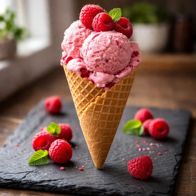Raspberry ice cream in a cone