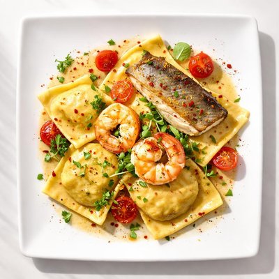 Ravioli with seabass and shrimps