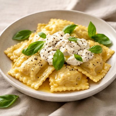 Ravioli with stracciatella and basel