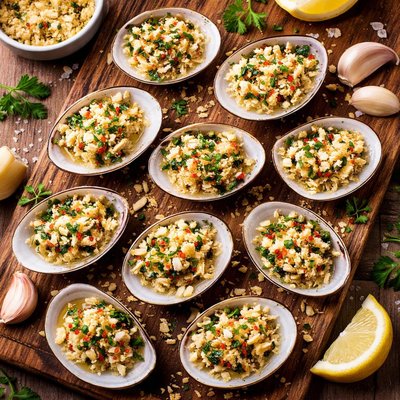 Raw clams with garlic and breading