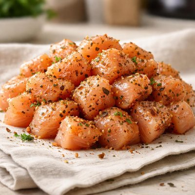 Raw diced seasoned chicken