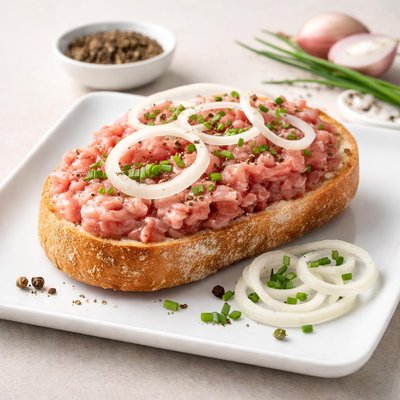 Raw minced pork sandwich with onions