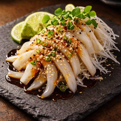 Raw squid soy sauce wasabl