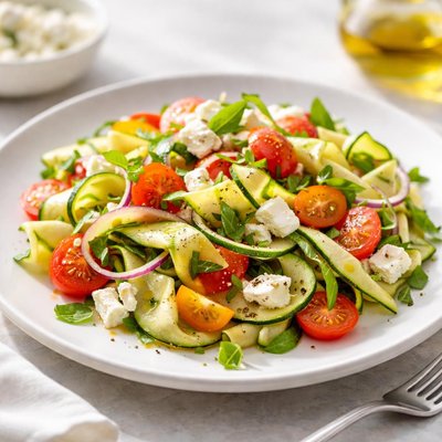 Raw zucchini tomato salad eith feta cheese