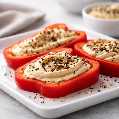 Red bell pepper slice with hummus and everything bagel seasoning
