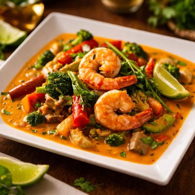 Red coconut thai curry with vegetables and shrimps