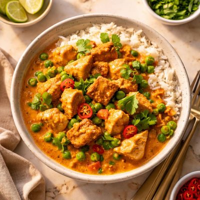 Red curry coconut chicken and tempeh and peas