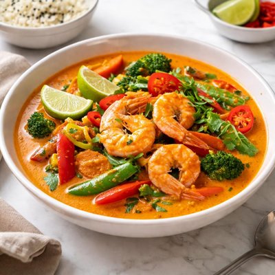 Red curry with vegetables and prawns