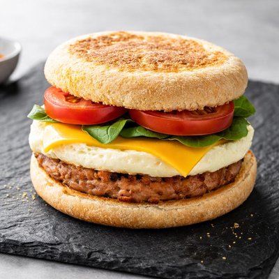 Red egg turkey sausage breakfast sandwich