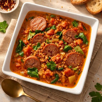 Red lentil sausage soup