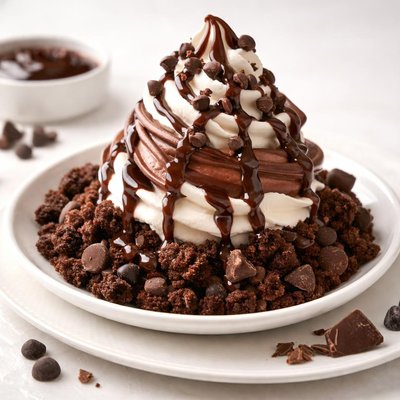 Red mango chocolate lovers froyo parfait with chocolate sauce