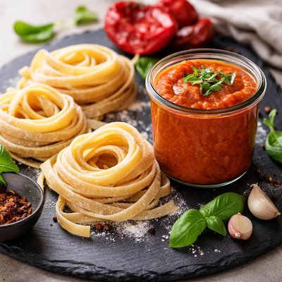 Red pepper pasta sauce and homemade pasta