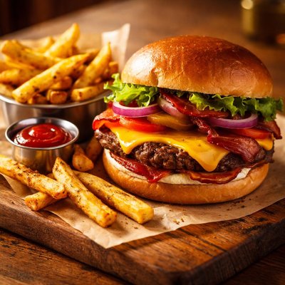 Red robin cheeseburger and fris