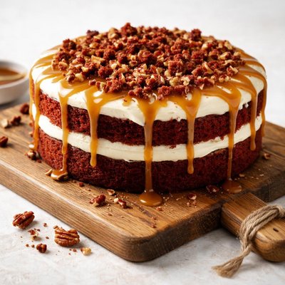 Red velvet cake with icing and caramel sauce