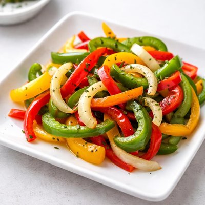 Red yellow green peppers onion stirfry