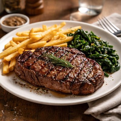 Ribeye with french fries and spinach