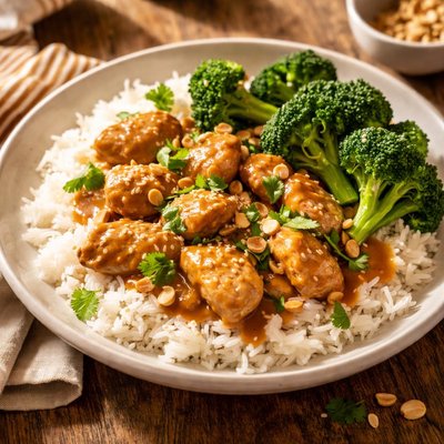 Rice  thai peanut chicken  brocolli